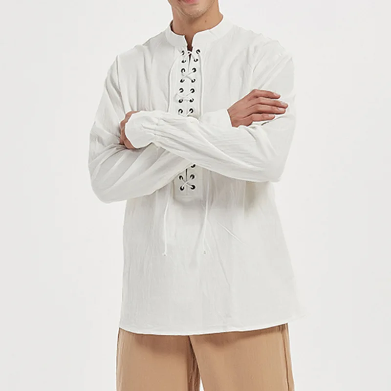 Camisa blanca de manga larga para Hombre, camisa Retro con cordones, holgada, tendencia de Drama, actuación en escenario