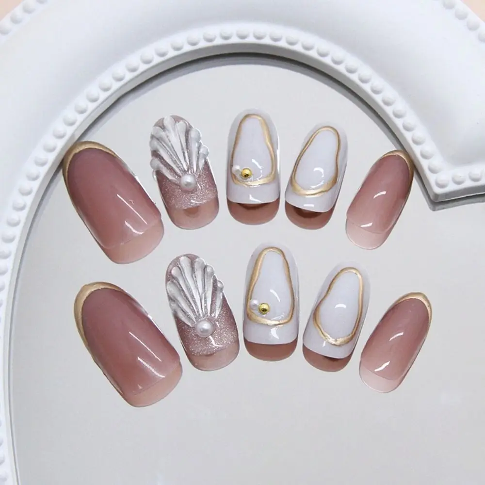 

24pcs Manicure Oval False Nails Cat Eye Shell French Fake Nails Detachable Pearl Press on Nails Women