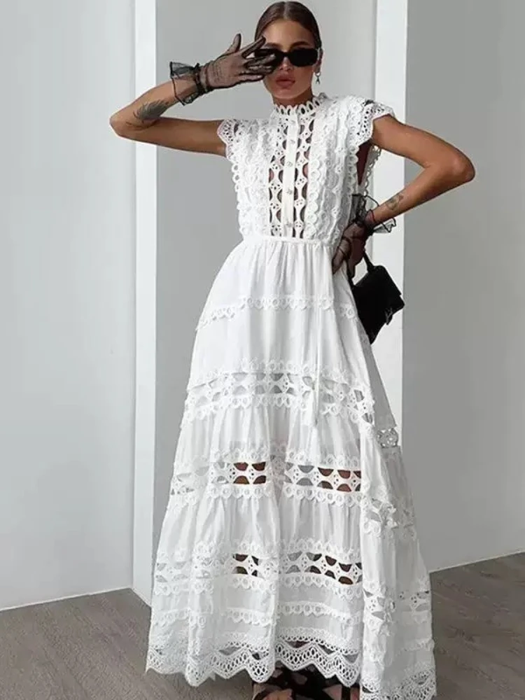 Summer Niche Hollow Lace Patchwork Flying Sleeves Large Swing Elegant Vacation Jumpsuit Long Skirt