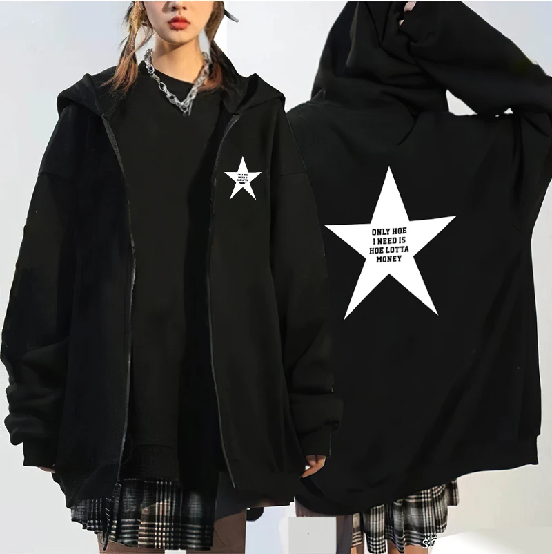 Trendy hooded zip-up cardigan sweatshirt pentagram confident print oversized O-neck top autumn and winter coat