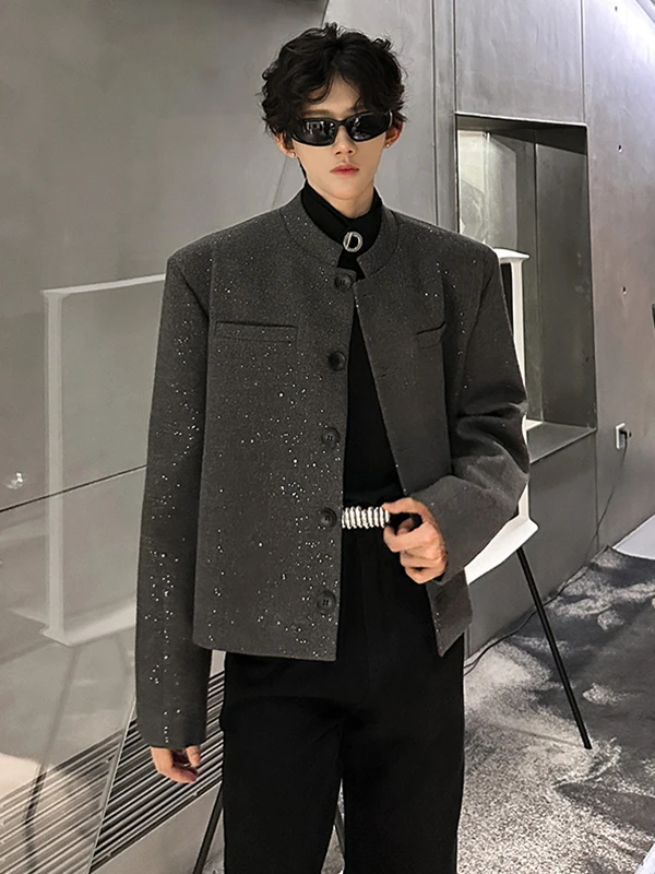 

ort Tailored Men's Suit Jaet oulder Pad High-End Woolen Fabric Stand Collar Casual Sle Thiened Long Sve Pure Color