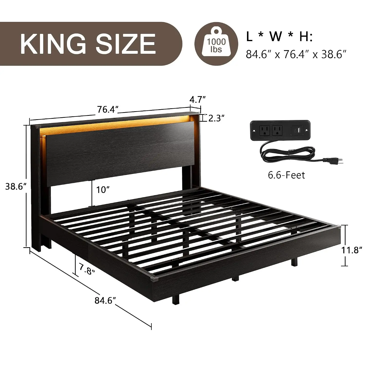 King Bed Frame LED Lights Charging Station Wood Floating Storage Headboard Slats Noise-Free Easy Assembly Black, Customized