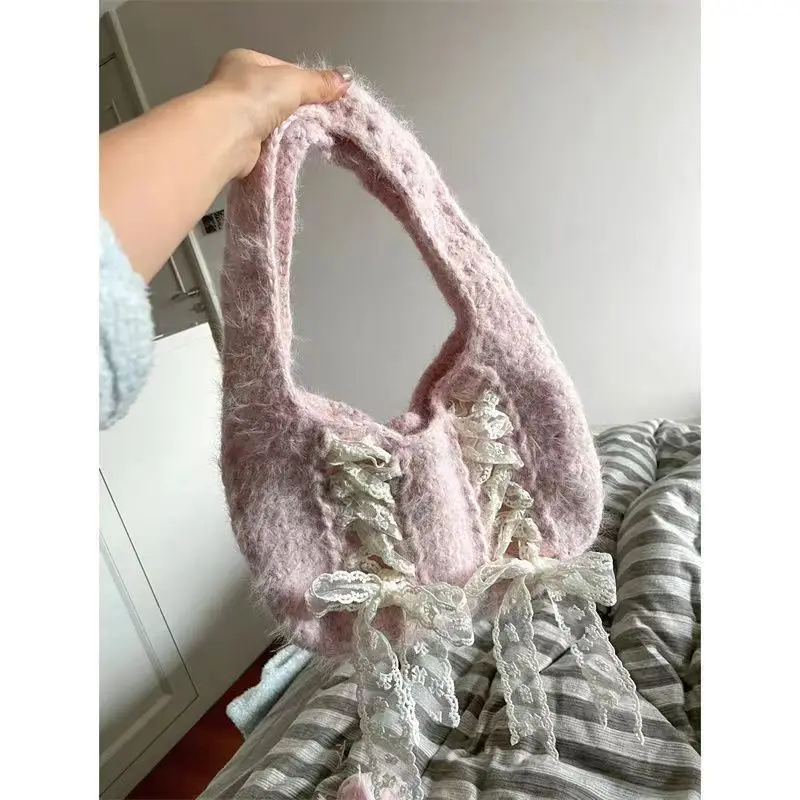 Cute Girl Simple Sweet New Niche Underarm Commuter Handbag Casual All-match Knitted Bags Ribbon Bow Ladies Shoulder Bag