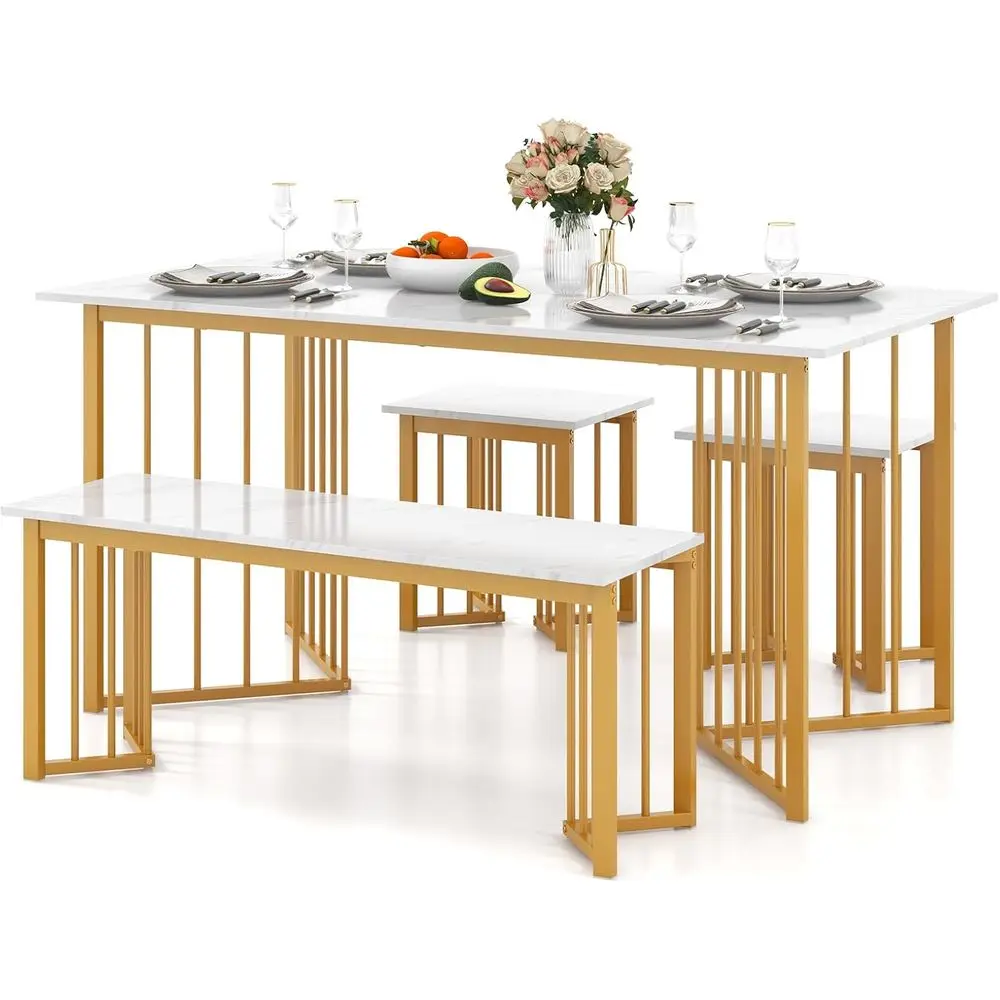 

4-Piece Marble-Top Dining Set with Bench and 2 Stools for Small Spaces