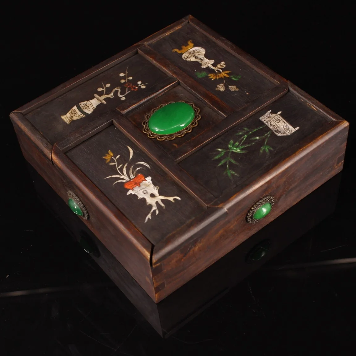 Collections Old Ebony wood Mosaic Gem Shell floral pattern Pull out storage box Mechanism box jewelry box Amass wealth Ornaments