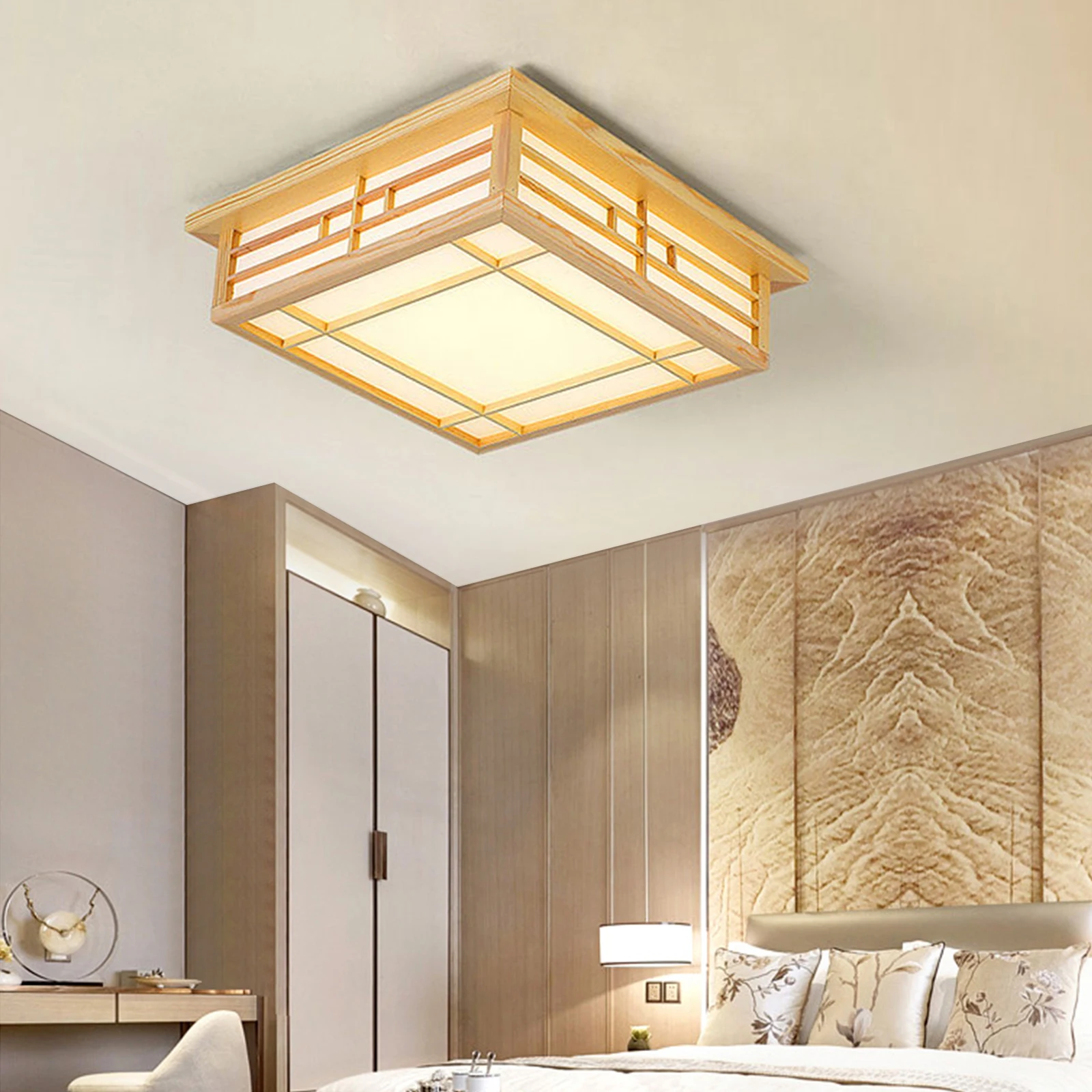 Lámpara de techo de estilo japonés, luz LED de madera maciza de montaje empotrado con Control remoto para dormitorio y sala de estar