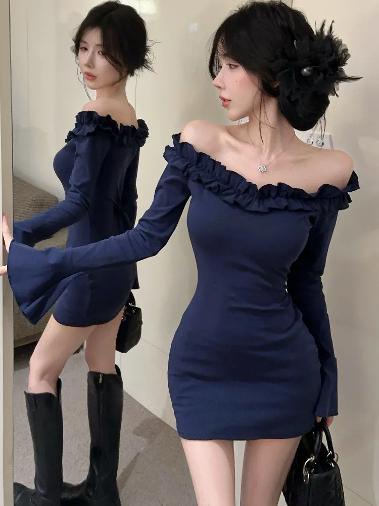 

Autumn Winter Design Sensation Wooden One Shoulder Lady High Grade Skirt Body Contouring Wrap around Women Dress