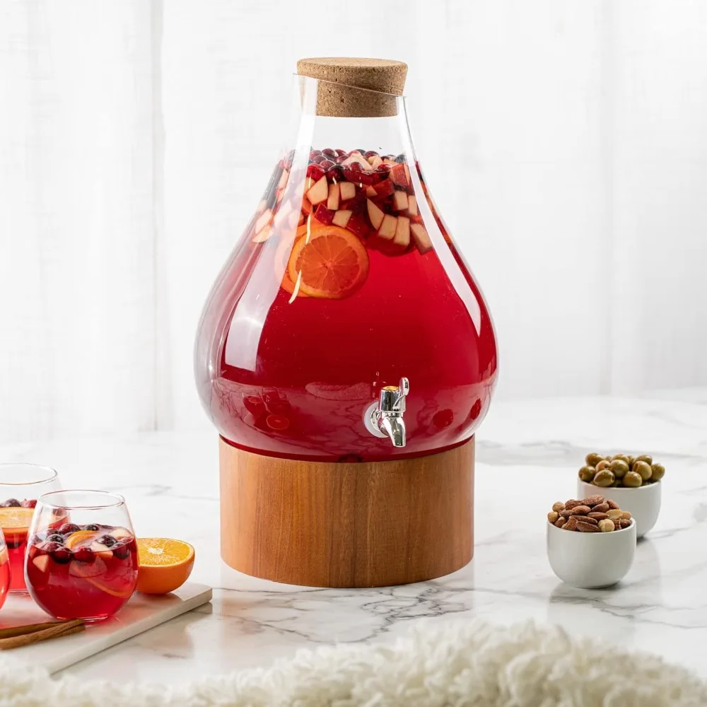 

classic home teardrop clear glass ice cold beverage drink dispenser- 2.75 gallon, with cork lid & modern wood base leak proof sp