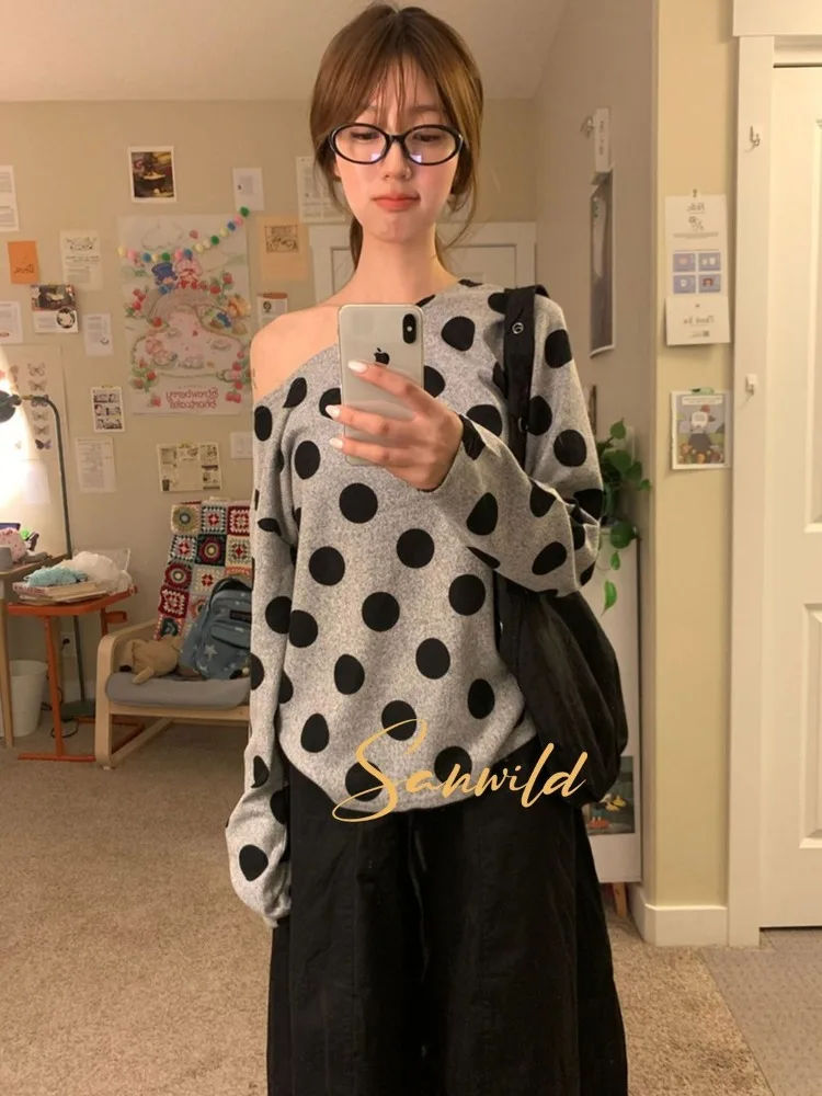 Deeptown Women Polka Dot Gray T-shirts Korean Style Off Shoulder Oversized Long Sleeve Tops Casual Y2k Harajuku T-shirts Cute