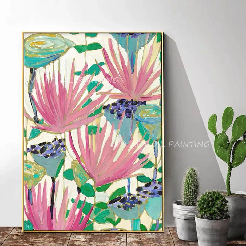 Tropical flower pink lili water oil painting abstract sitting room dining-room wall no framework as a gift