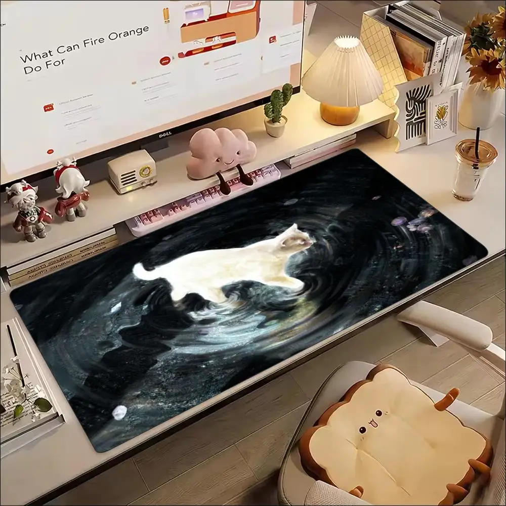 Large Galaxy Angel Cat Gaming Mouse Pad Playmat Non Slip Rubber Base Stitched Edge Desk Mat For Tabletop Card Game Gamer Decor