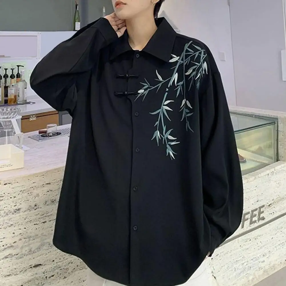 Men Solid Color Shirt Chinese Style Men's Bamboo Embroidery Cardigan Coat with Tang Suit Influence Retro Design Retro Men Shirt