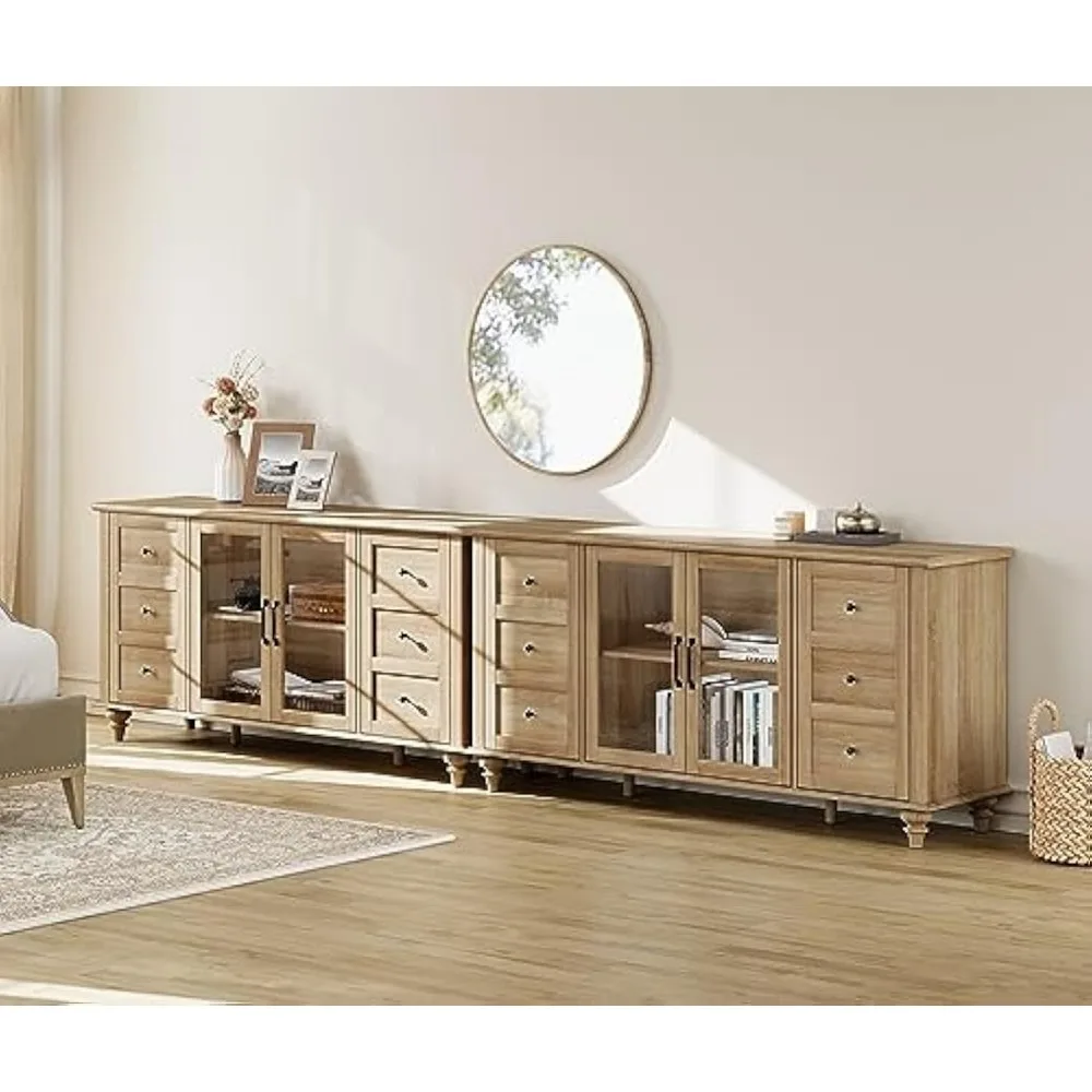 

Farmhouse TV Stand for TVs Up to 110 inch TV, Glass Door Universal Entertainment Center with Solid Wood Legs, White Console