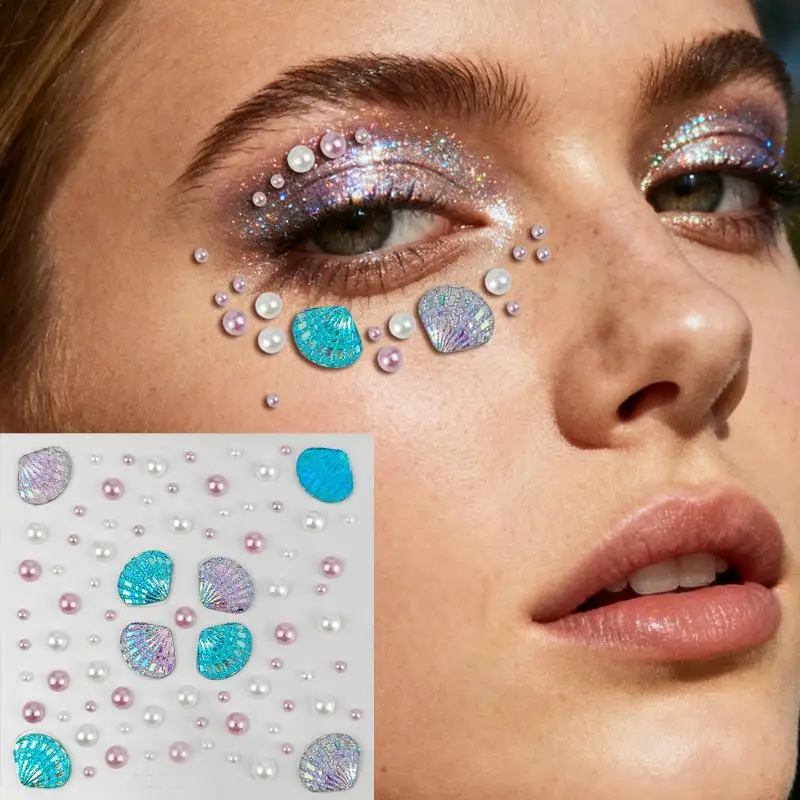 1 Sheet Sparkling Mermaid Rhinestone Temporary Tattoos 3D Dreamy Shell Pearl Face Stickers DIY Body Art Stage Makeup Tool