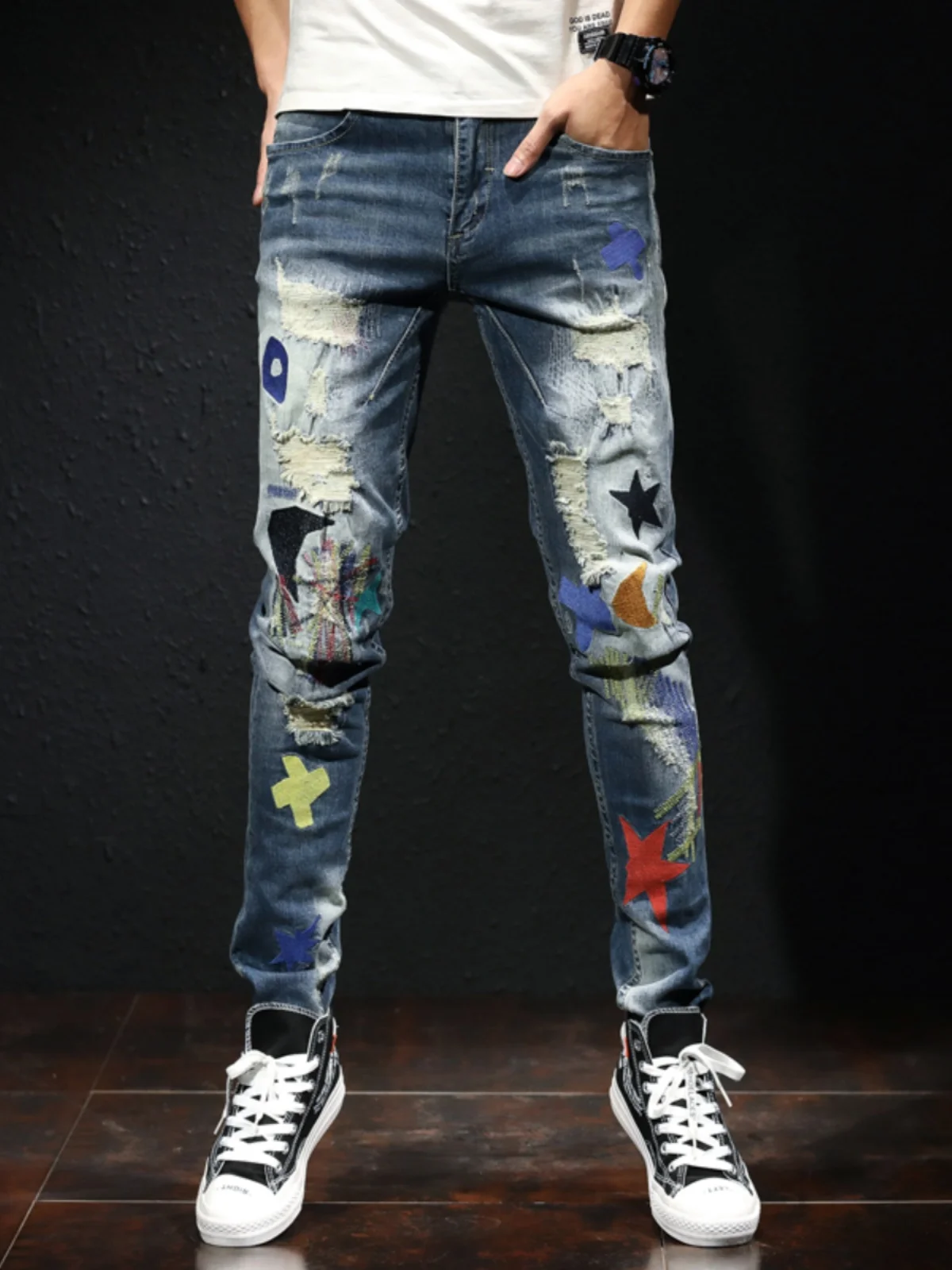 

Men's Embroidered Ripped Denim Jeans Slim Fit Embroidered Small Foot Pants Fashionable Brand Cotton Stretch Denim Casual Wear
