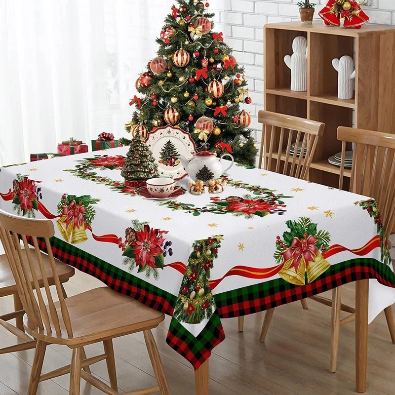 Christmas Poinsettia Pine Needles Tablecloth for Table Decor Reusable Winter Xmas Kitchen Dining Tablecloth Christmas Decoration