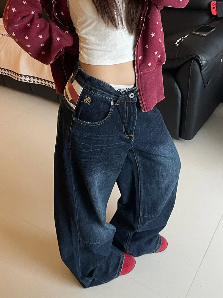 plus Size American Retro Washed Loose Straight Leg Denim Jeans Women's Blue Patchwork Design Slimming Wide Leg Pants