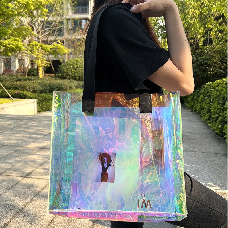 Iridescent bag custom pattern Holographic transparent waterproof shoulder tote bag jelly  hand carrying gift bag PVC plastic