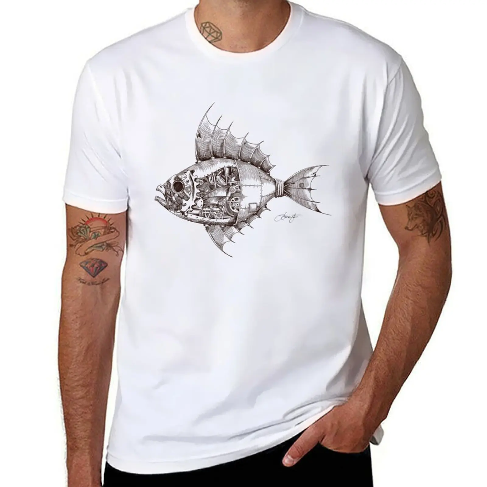 SteamPunk Fish T-Shirt cotton tshirt 100% black cotton t-shirt plain for man package T-Shirt