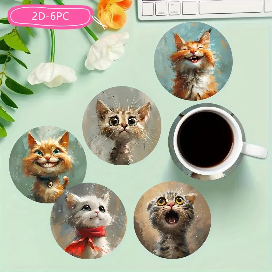 Cute Kitten Pattern Theme Wooden Coasters, Desktop Heat Mats, Home Decor, Coffee Cup Coasters, Office, 2D, 6 Pcs