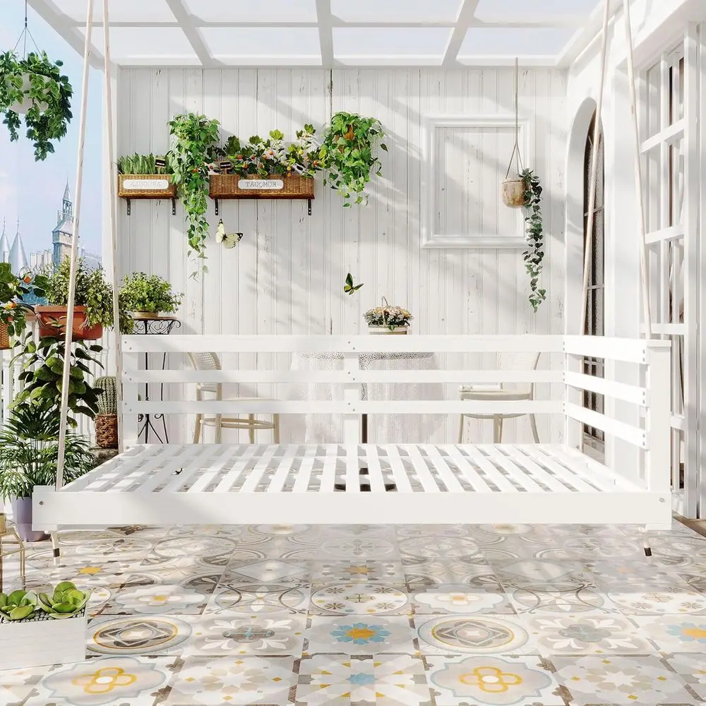 

Уличная кушетка-качели с 4 веревками из конопли и боковой перилкой, размер Twin, идеально подходит для патио или сада (Цвет-06)