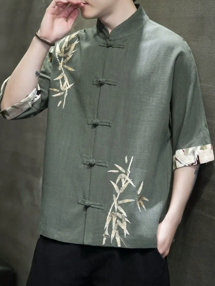 

Linen Short Sleeve Shirt Men's Summer Style Chinese Traditional Embroidered Collar Top Loose Fit Youth Fashion Non-ironed