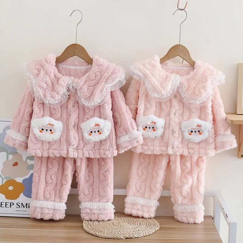 

New Winter Baby Girls Clothes Suit Children Sleepwear Fashion Thick Warm Coat Pants 2Pcs/Set Kids Pajamas Toddler Casual Costume