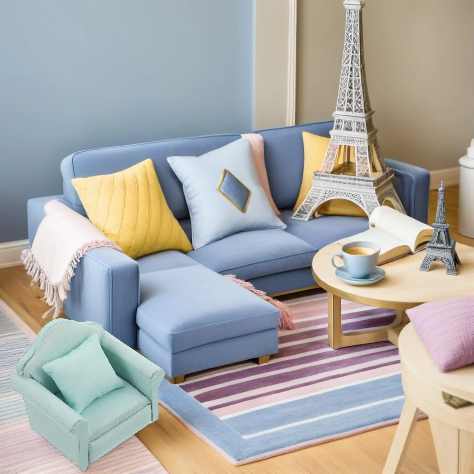 2 stuks miniatuur meubelset lichtgroen houten stoffen bank fauteuil voor poppenhuis woonkamer decor kinderen speelhuis simulatie