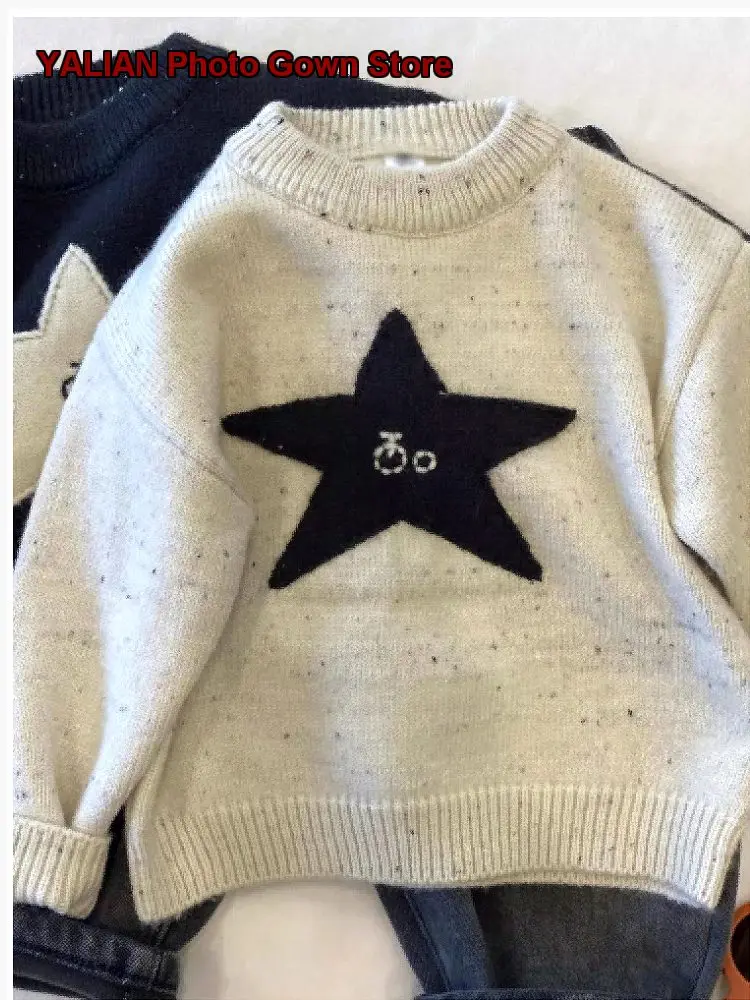 Boys Pullover Sweater Toddler Round Neck Knit Top Solid Color Thickened Warm Base Layer Top with Stitched Star Design