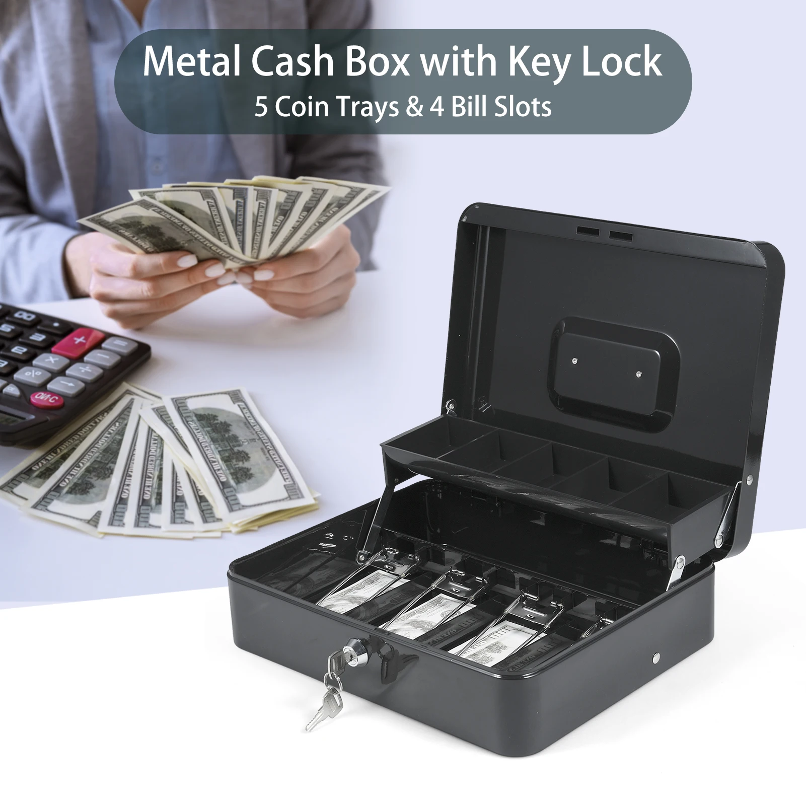 Cash Box Metal Money Box with 5 Coin Trays Cantilever Design & 4 Bill Slot with Spring Clips to Organize 2 Keys Lock Safe Box