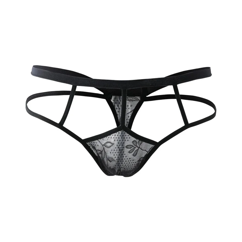 Men Mesh Hollow Out Strappy G-string Brief Breathable Tback Sex Sheer Thong Underwear Pantie Transparent Floral Lingerie