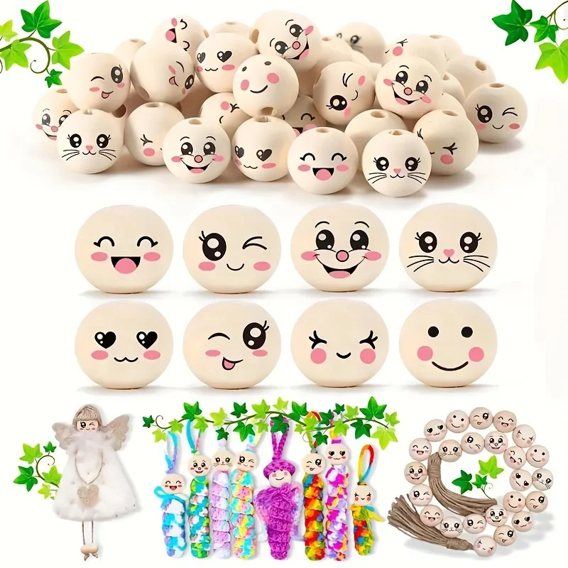 50 20mm Holzperlen mit Löchern - Niedliche Cartoon-Gesichter und Tierdesigns für DIY-Basteleien, Schlüsselanhänger, Halsketten, Armbänder - Inklusive
