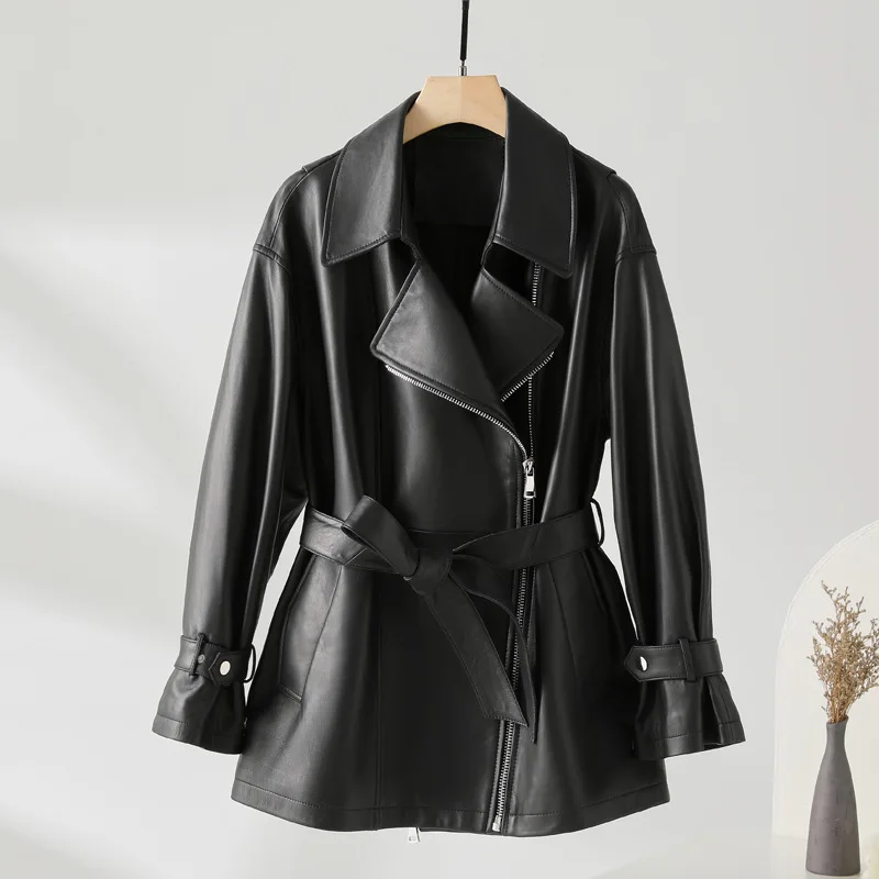 Women's Genuine Sheepskin Leather Windbreaker Mid-Length Casual Motorcycle Jacket Haining Style Coa