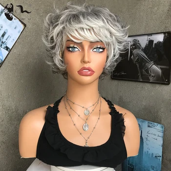 Short Mixed White Grey Natural Curl Synthetic Hair Wig With Bangs For Women Fluffy Hair High Temperature Fiber Cosplay Daily Wig