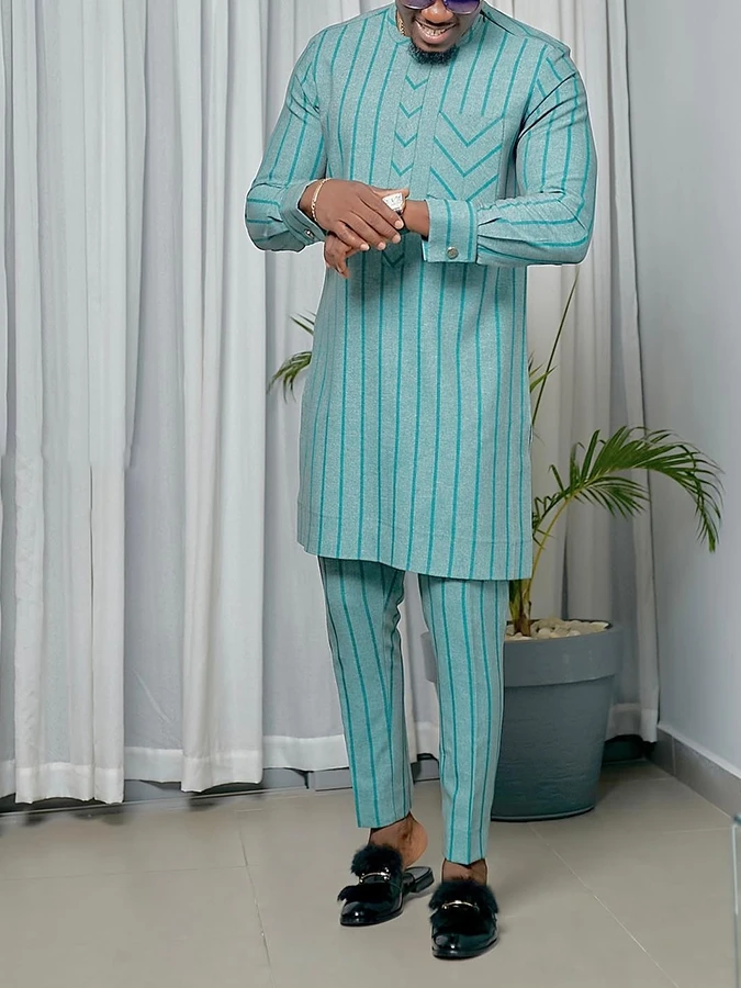 

Men's fashion luxury casual green geometric print two-piece set