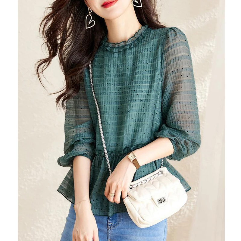 Simple Chic Green Ruffle Long Sleeve Elegant Fashion Top Blouse Women Spring Print Office Lady Casual Shirts Blusas Clothing2023