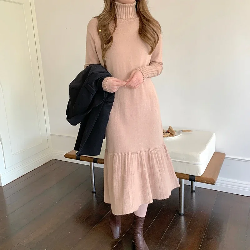 Khaki Vintage Sweater Dress Women Winter Autumn Tall Neck Elegant Long Knitted Dress Female Ruffle Streetwear Korean Knitwear