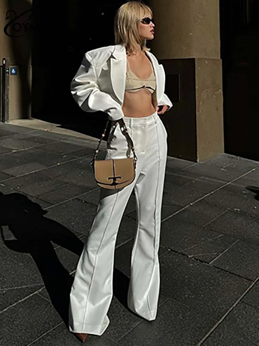 

Oymimi Elegant White Two Piece Set For Women Fashion Long Sleeve Single Button Crop Tops And High Waisted Straight Trousers Sets