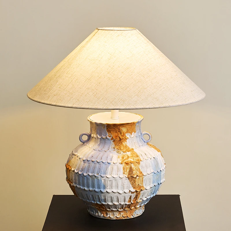Linen fabric bedroom bedside lamp, living room, B & B wabi sandy wind pottery pot new Chinese retro art desk lamp