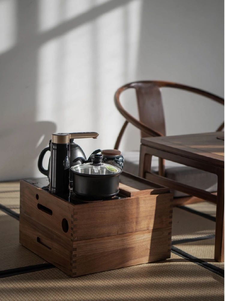 

Mobile coffee table, boiling water kettle box, new Chinese style tea making cart, black walnut tatami tea table