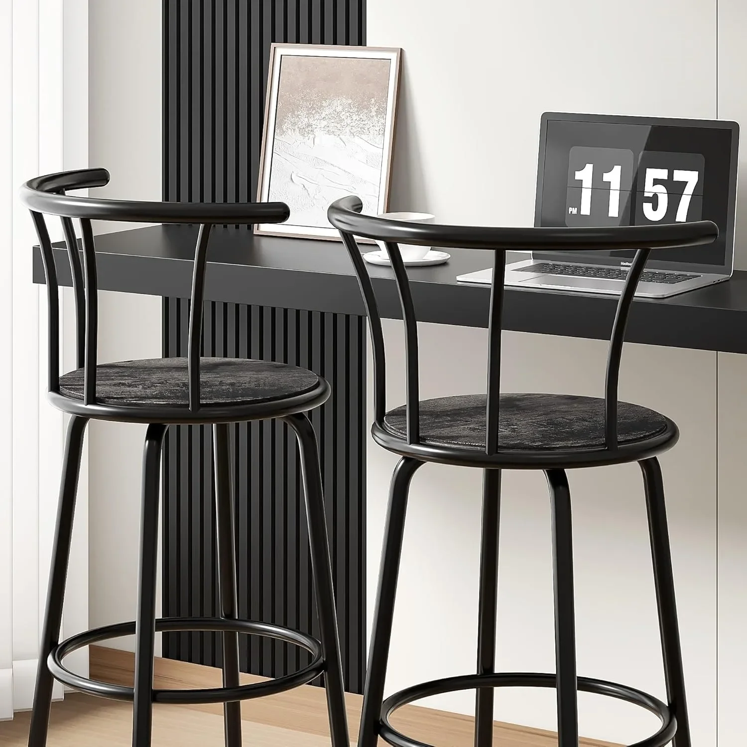 Juego de taburetes de bar de estilo industrial: 2 taburetes giratorios con altura de mostrador, sillas con respaldo vintage gris, fácil de montar para cafetería y bistró