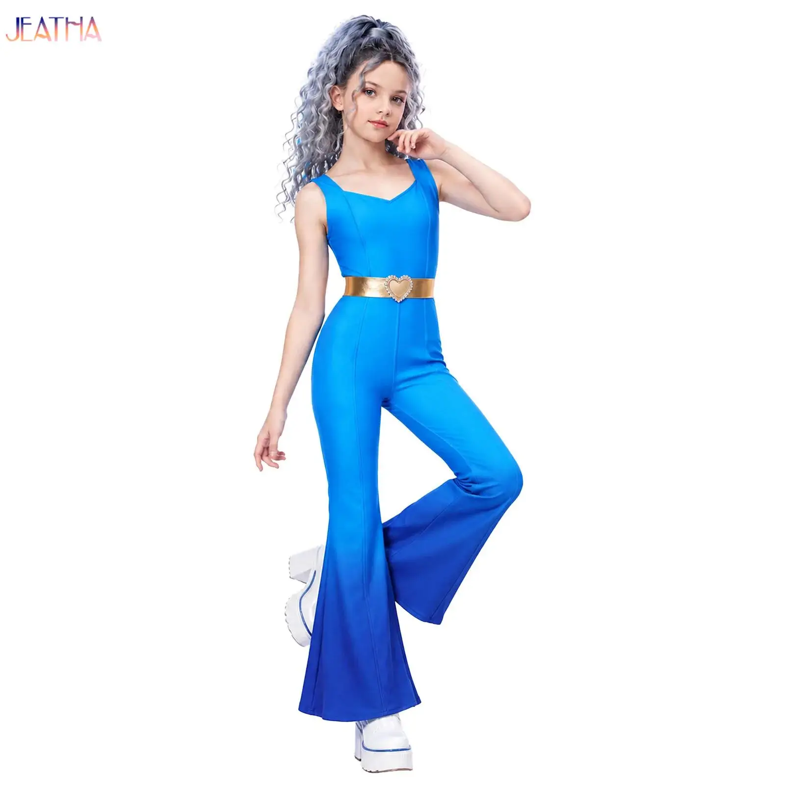 Kids Girls Jumpsuit Disco Jazz Dance Performance Sleeveless Metallic Waist Gradient Color Bell-bottom Bodysuit for Theme Party