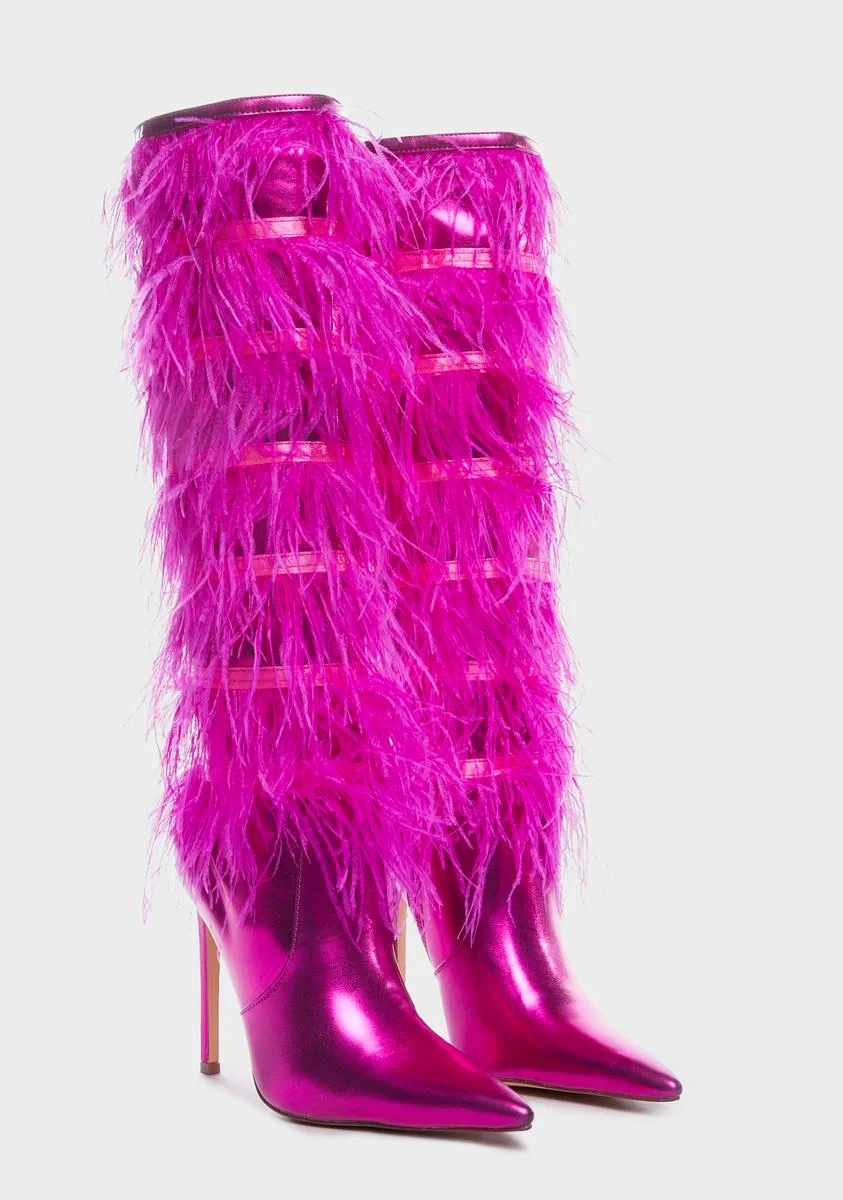 Rose Red Feather Fringe Women Boots 2023 Sexy Pointed Toe Full Fur Thigh High Boots Thin Heels Runway Over The Knee Botas 44