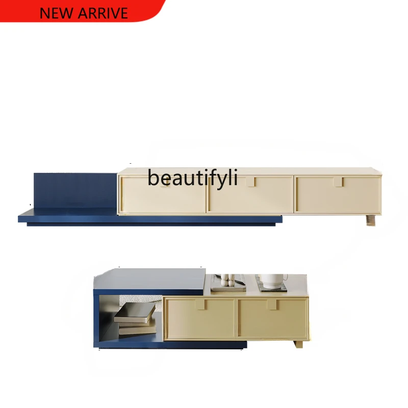 

X Simple Modern TV Cabinet and Tea Table Combination Retractable Nordic Solid Wood Living Room Small Apartment Dopamine