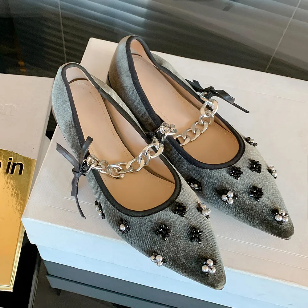 Aucegi Black Elegant Pointed Toe Metal Chain Comfortable Flats Heels Retro Pearl Studded Pointed Toe Mary Jane Female Shoes