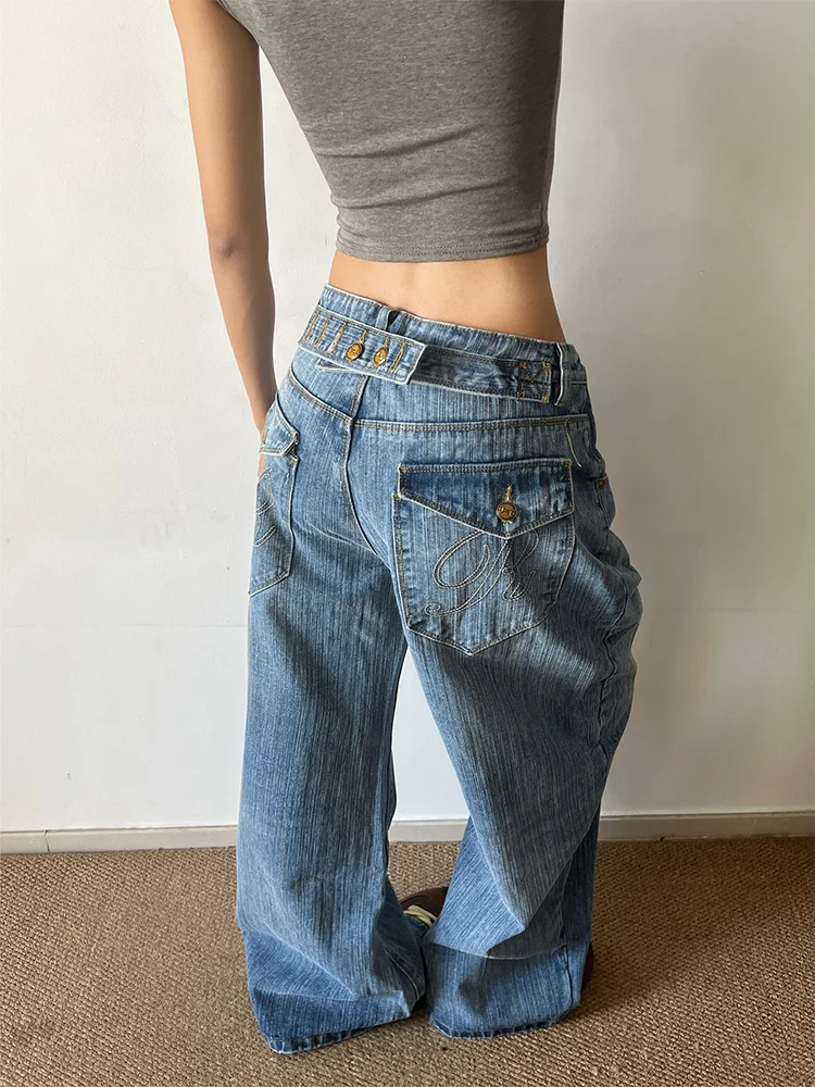 

Джинсы в американском стиле для женщин больших размеров, универсальные, с высокой талией, джинсовые брюки с карманами, регулируемой застежкой и эффектом потертости