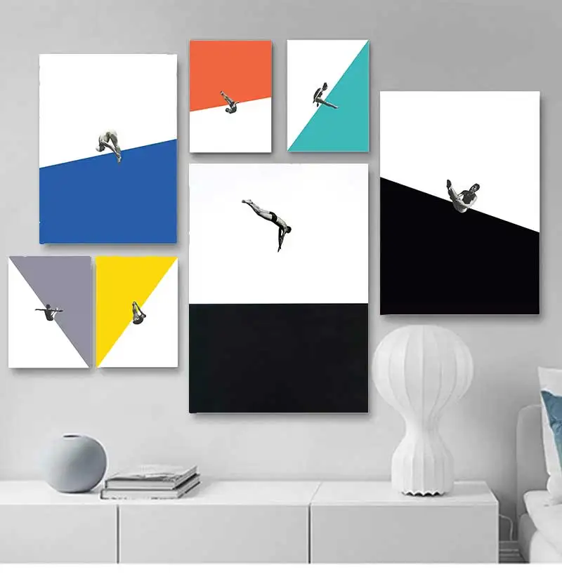 Diving Athlete Geometry Abstract Boho Colorful Blue Orange Modern Wall Art Canvas Painting Nordic Poster Prints For Home Decor