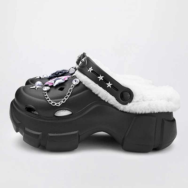 Winter Women Warm Sandals Star Chain Decoration Slippers Flat Fur Platform Comfortable Sandal Non-slip EVA Fashion Shoes 34-41