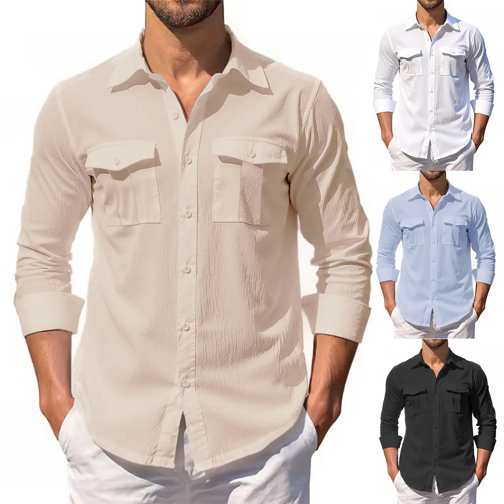 Men's Cotton Linen Shirt Single Breasted Double Pocket Tops Turn-down Collar Long Sleeve Casual Breathable Stylish Shirts