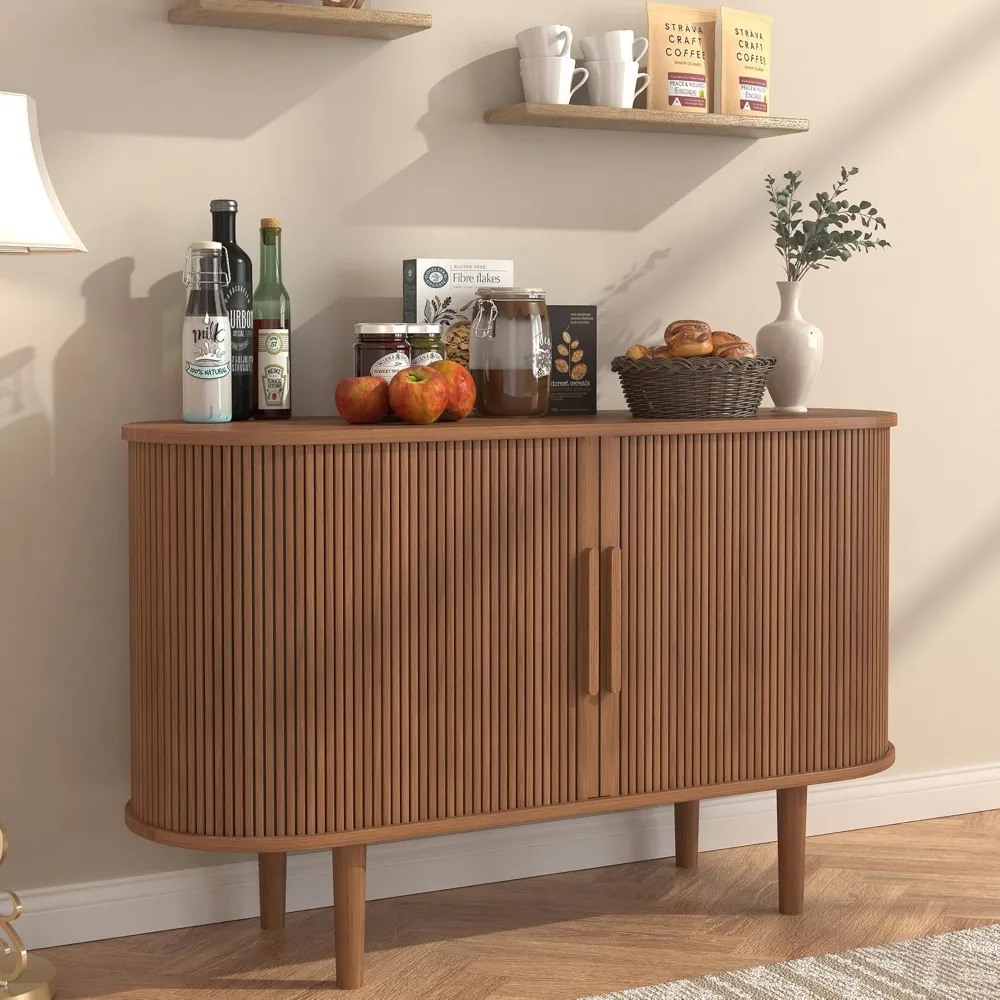 Sideboard Tambour Storage Cabinet 47'', Buffet Cabinet with Storage, Storage Cabinet Sliding Doors and Handles, Fluted Cabinets